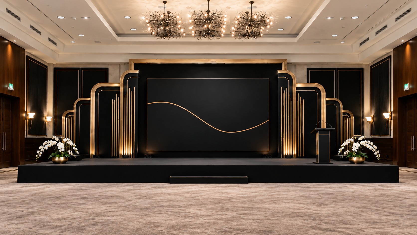Grand Art Déco: авторская концепция сцены с центральным модулем, двумя ступенчатыми крыльями и экраном для награждения